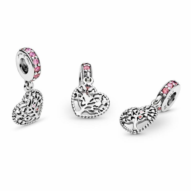 Pandora Pink Family Tree Dangle Charm Ireland - Sterling Silver/Enamel/Pink/Cubic Zirconia - 904865R